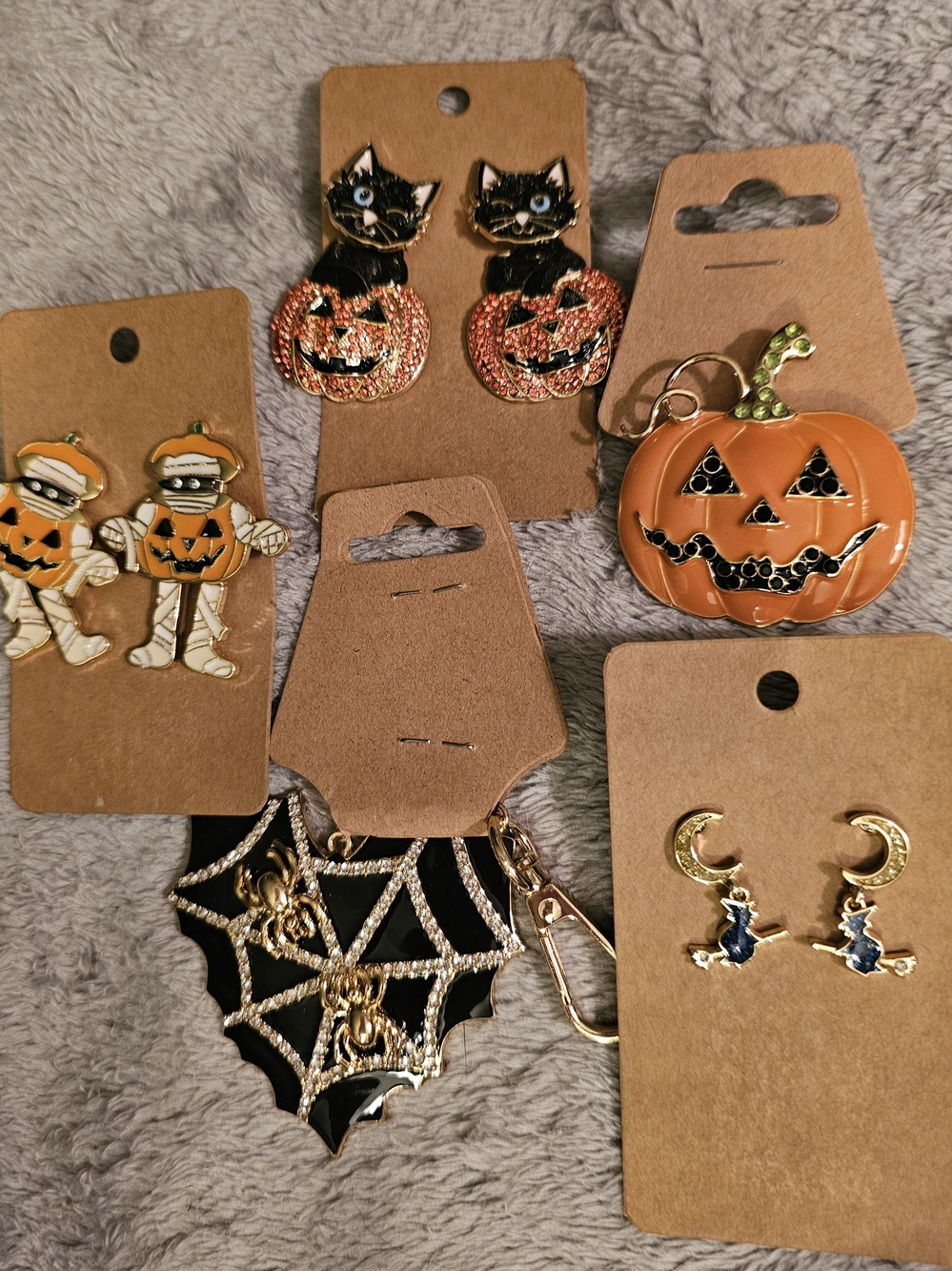 Halloween Earrings, Brooch, And Purse Charm Set Of 5- Orange & Black